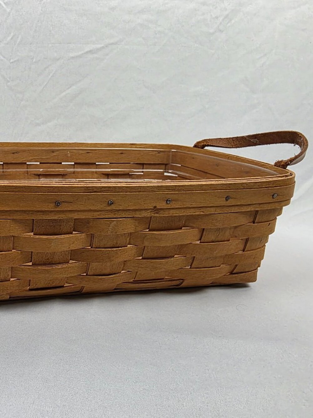 Longaberger Basket Woven Wood Leather Handle Basket with Plastic Liner 1993